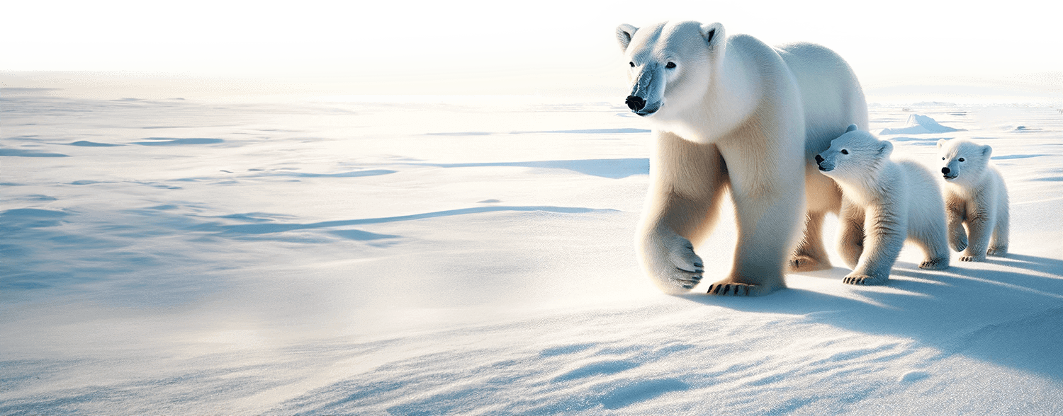 Polar bear with two cubs on sunny day in Canadian arctic.